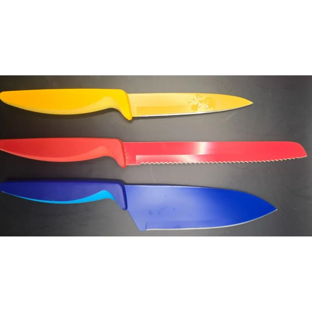 Kuhn Rikon Colori+ 3-Piece Knife Set with Sheaths – Chef, Bread & Paring Knives